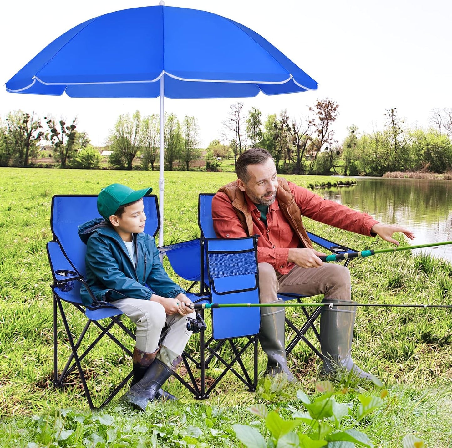 Silla campamento doble plegable con paraguas azul