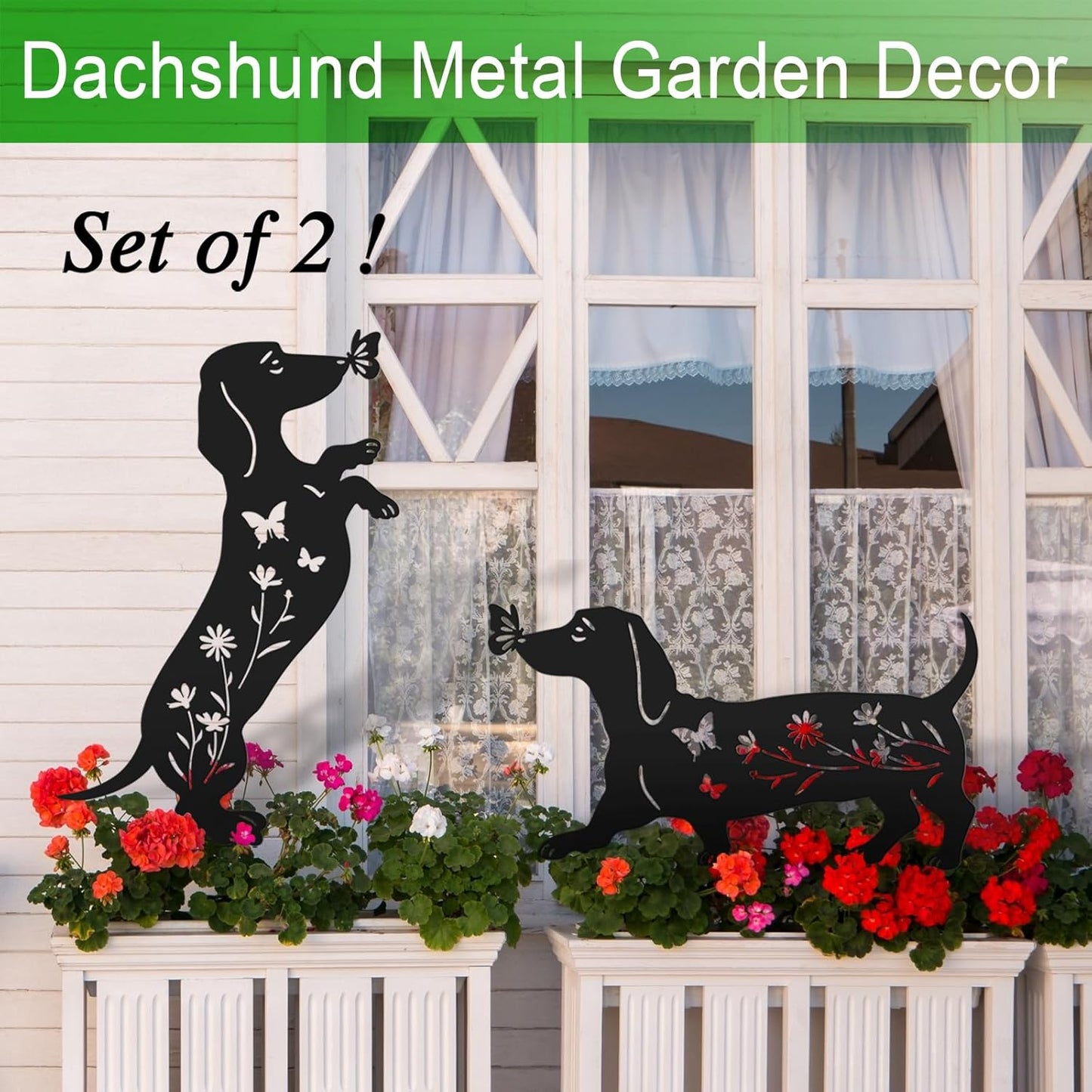 2 Pzas Estatuas Perro Salchicha Metal Exteriores Jardín