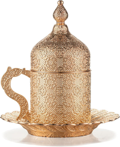 Tazas café té porcelana metal 2oz con tapa platillo dorado