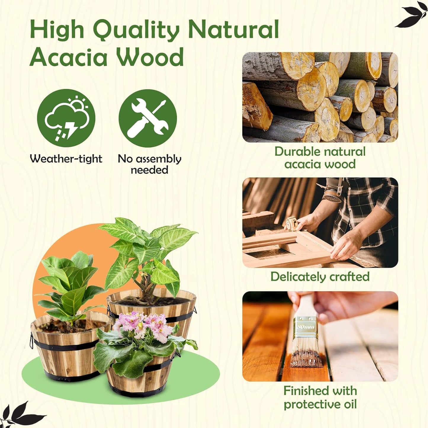 3 Pzas Macetas Madera Acacia Exteriores con Asas y Drenaje