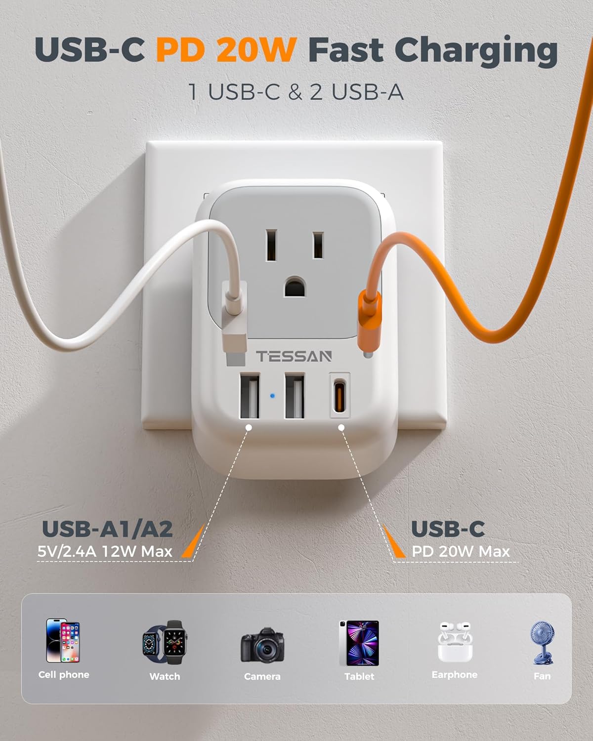 Adaptador enchufe USB C EE.UU. a Europa 4 tomas 3 puertos