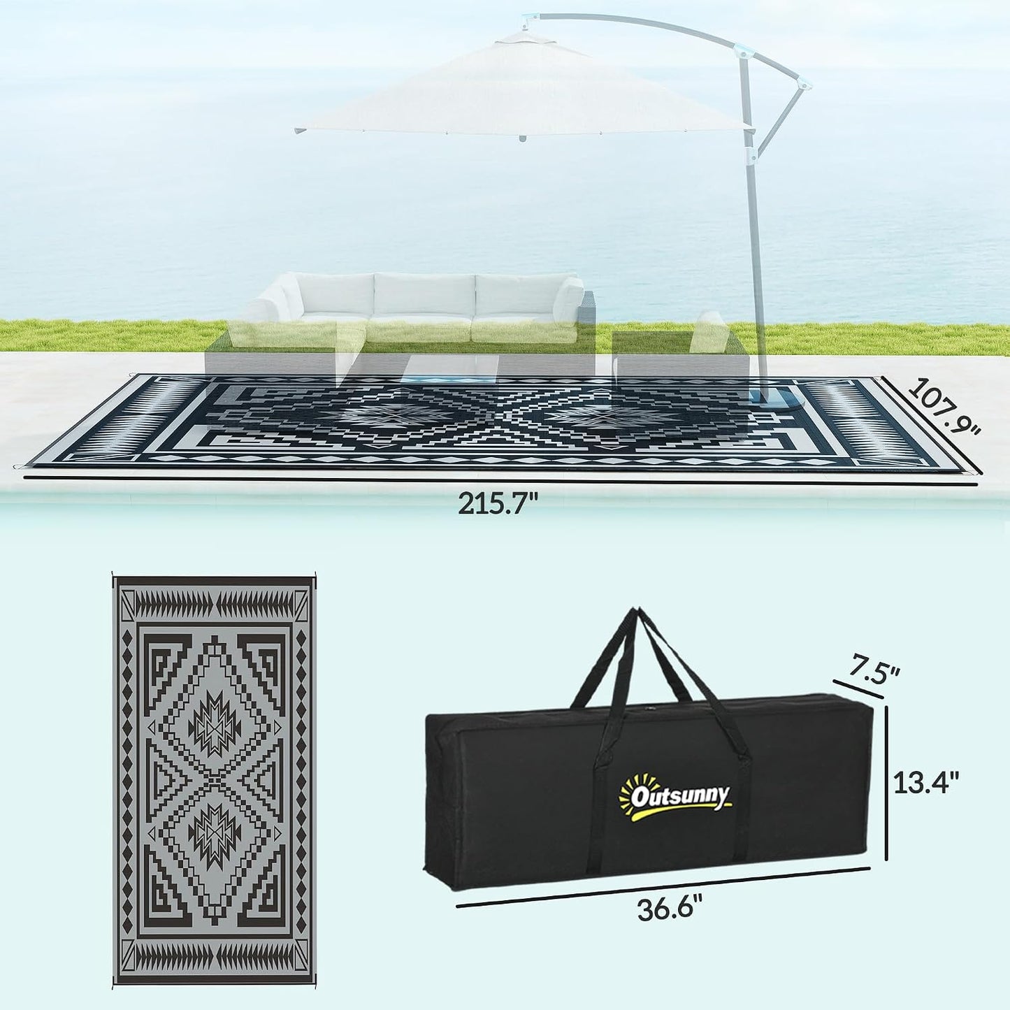Alfombra exterior impermeable 9x18ft negro y gris reversible