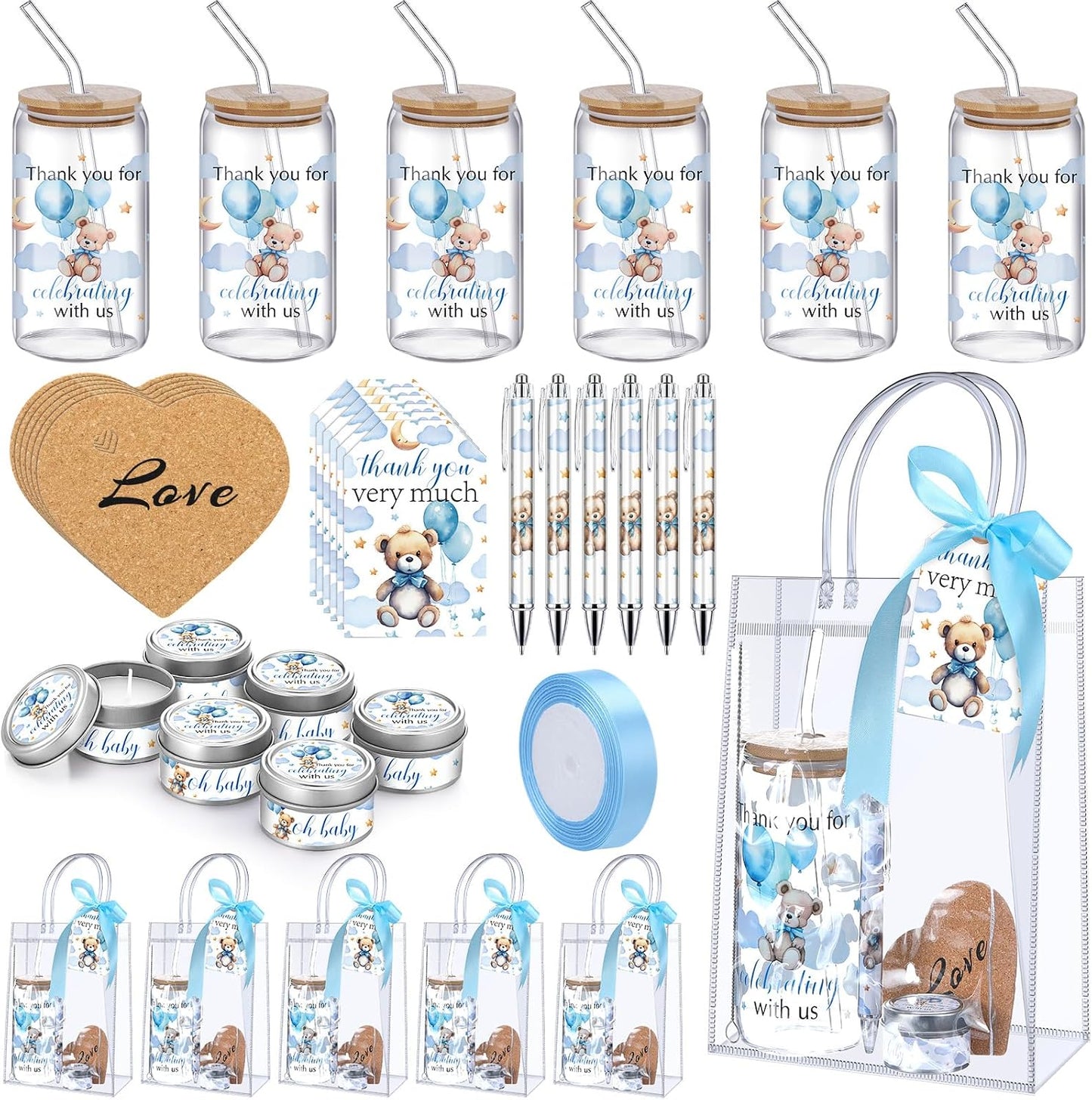 6 Set de Oso para Baby Shower Invitados Azul