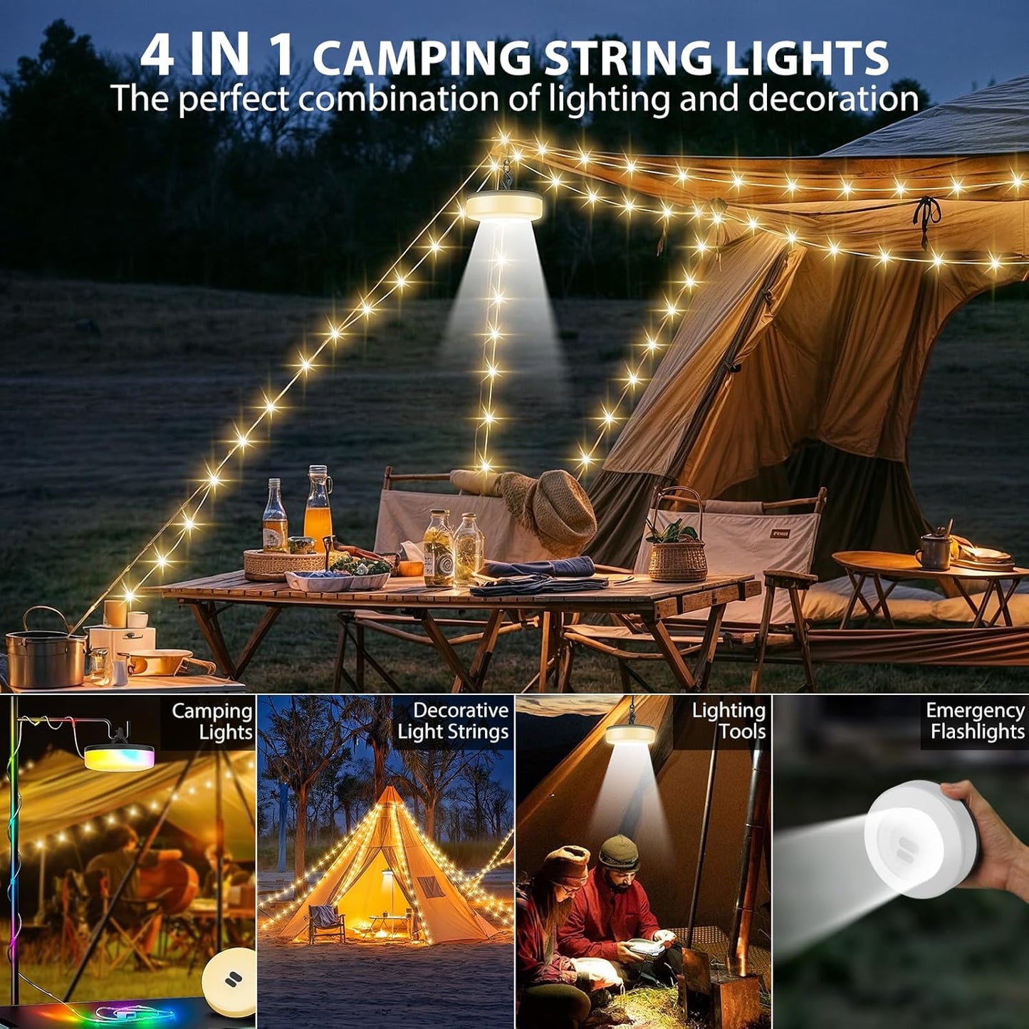 2 Pzas Luces Campamento Recargables 32.8pies 9 Modos RGB