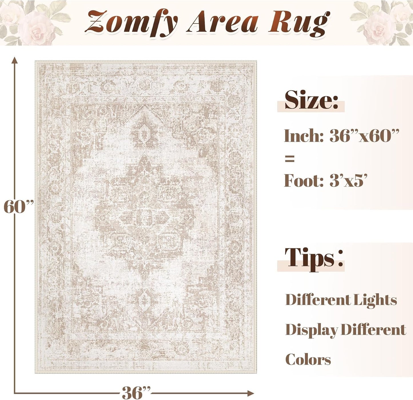 Alfombra área 3x5" vintage lavable pelo bajo dormitorio baño