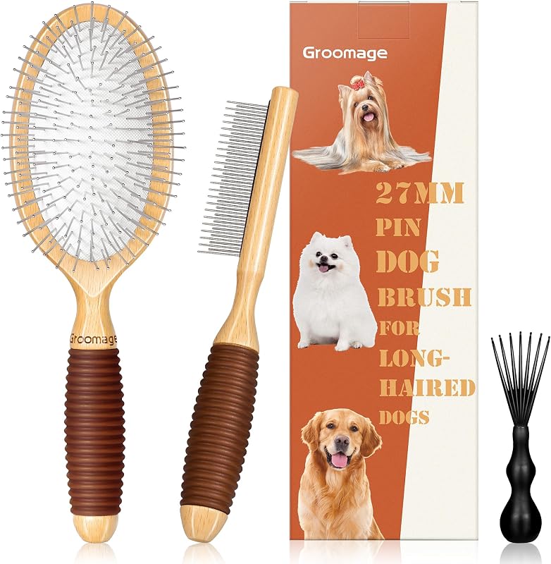Cepillo y peine metal para perros pelo largo con mango goma