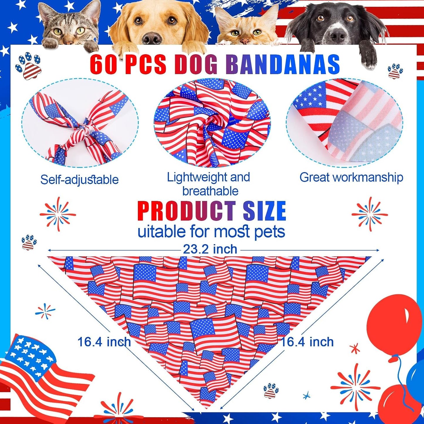 Bandanas patrióticas perros estrellas ajustables 4 de julio