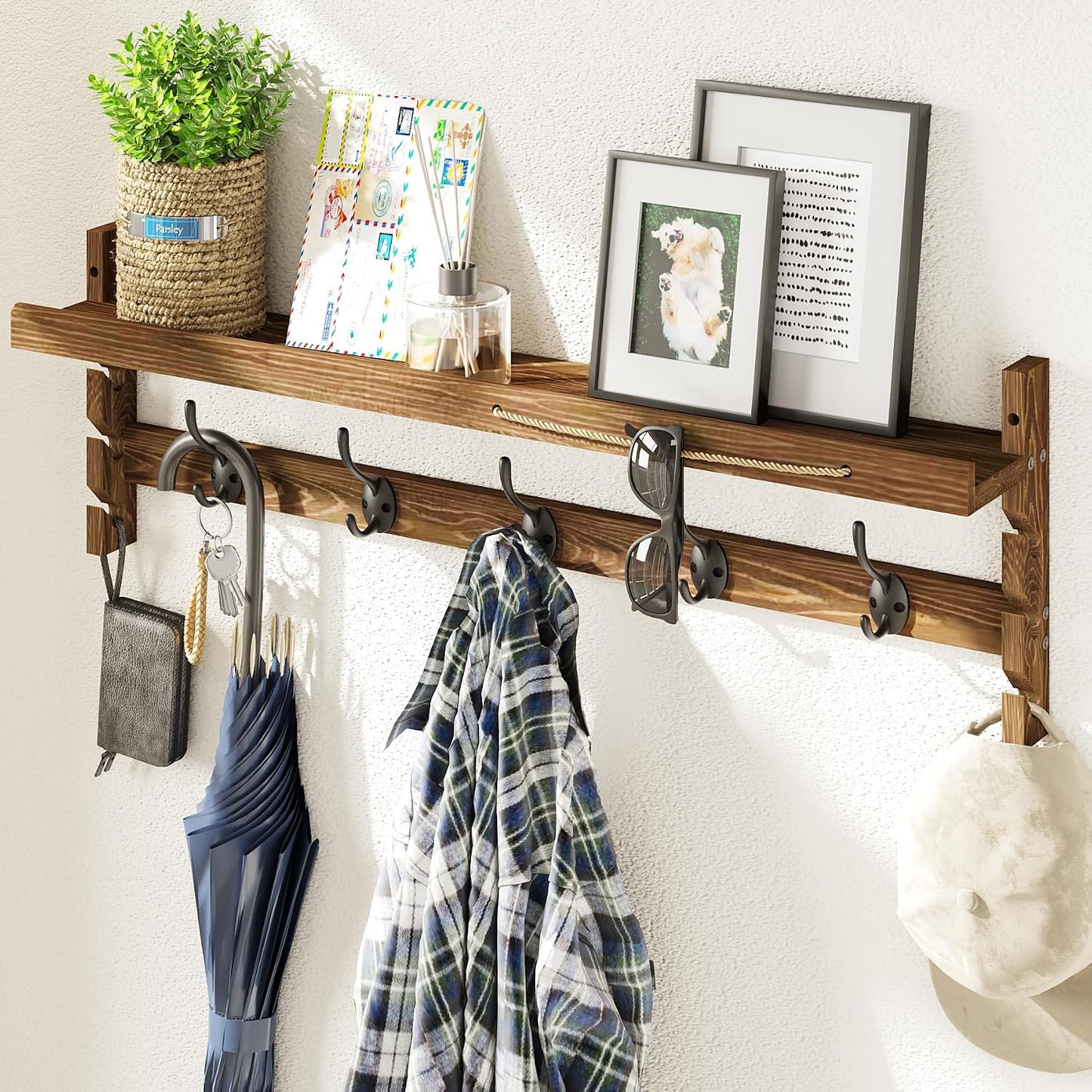 Perchero pared con estante 5 ganchos dobles madera