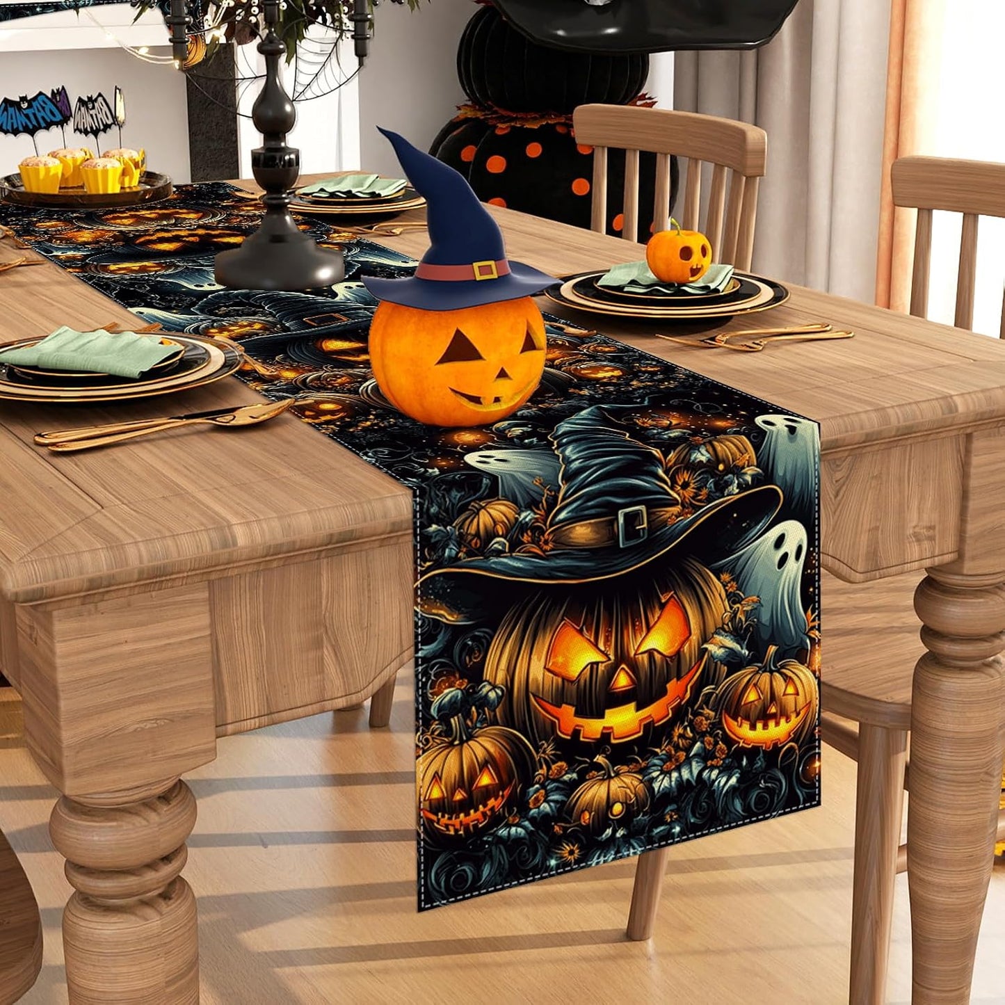 Camino mesa Halloween calabazas negras 72pulg decoración hogar