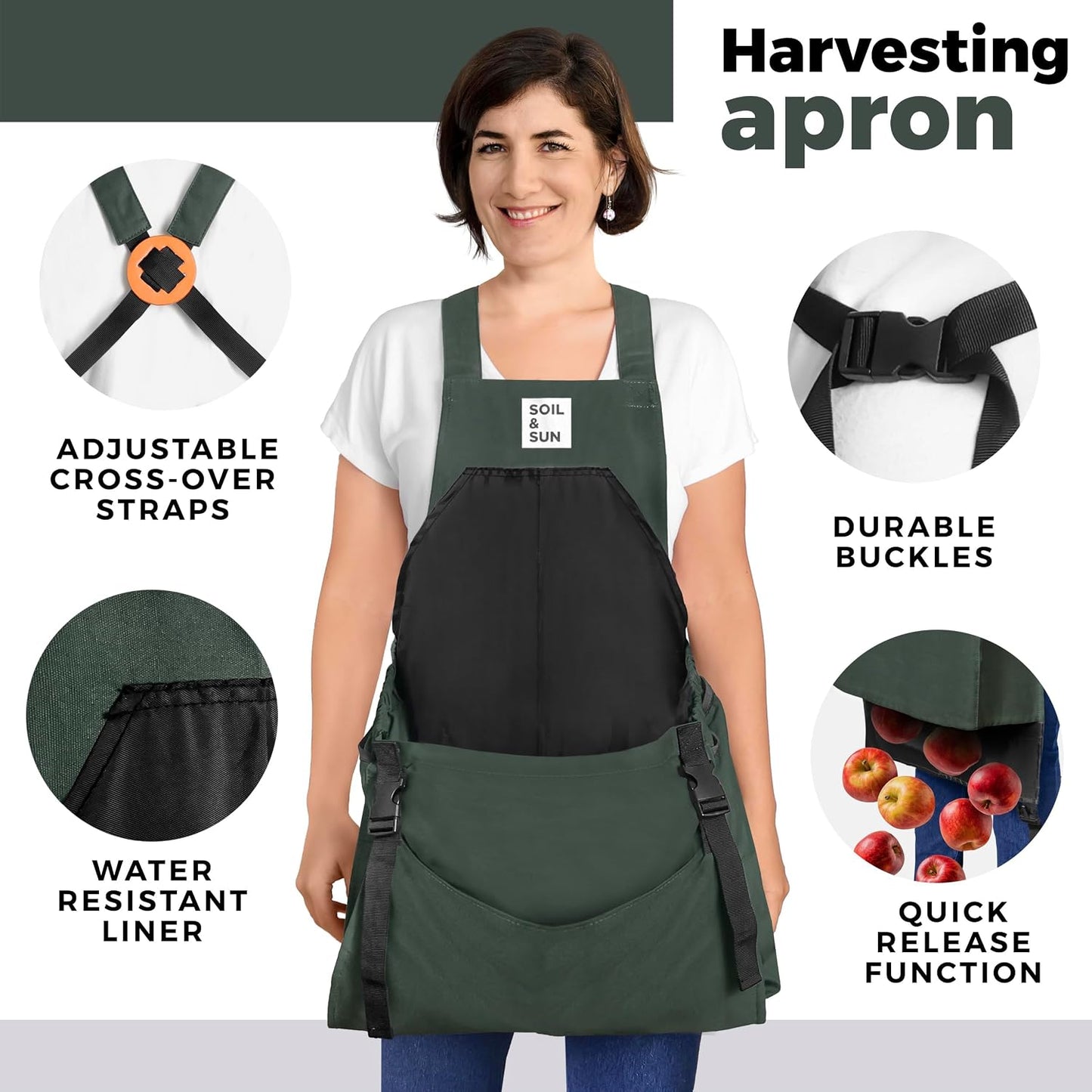 Delantal jardinería con bolsa cosecha lona duradera verde