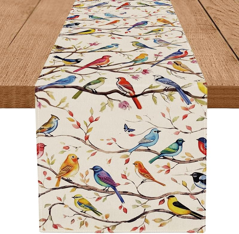 Camino mesa primavera verano ramas pájaros coloridas 13x72pulg
