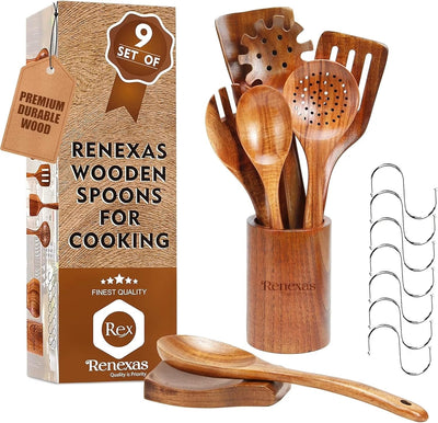 Set 9 Utensilios Cocina Madera Teca Antiadherente