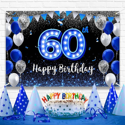 Telón fiesta cumpleaños 60 años azul negro con luz neón