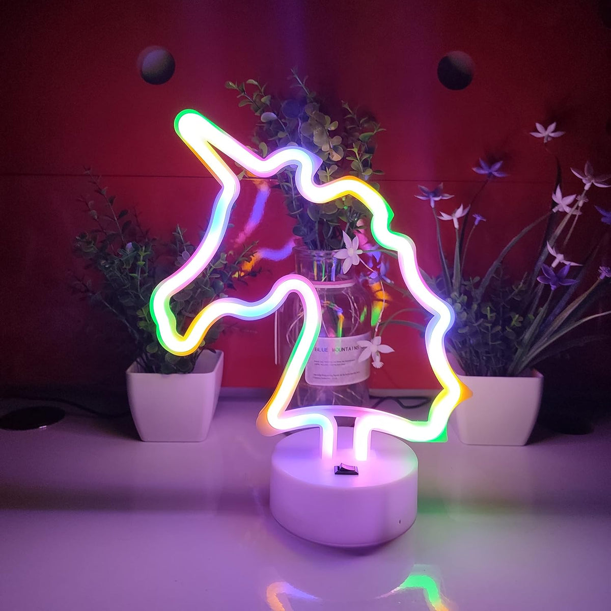 Letrero neón unicornio soporte USB o 3 pilas LED