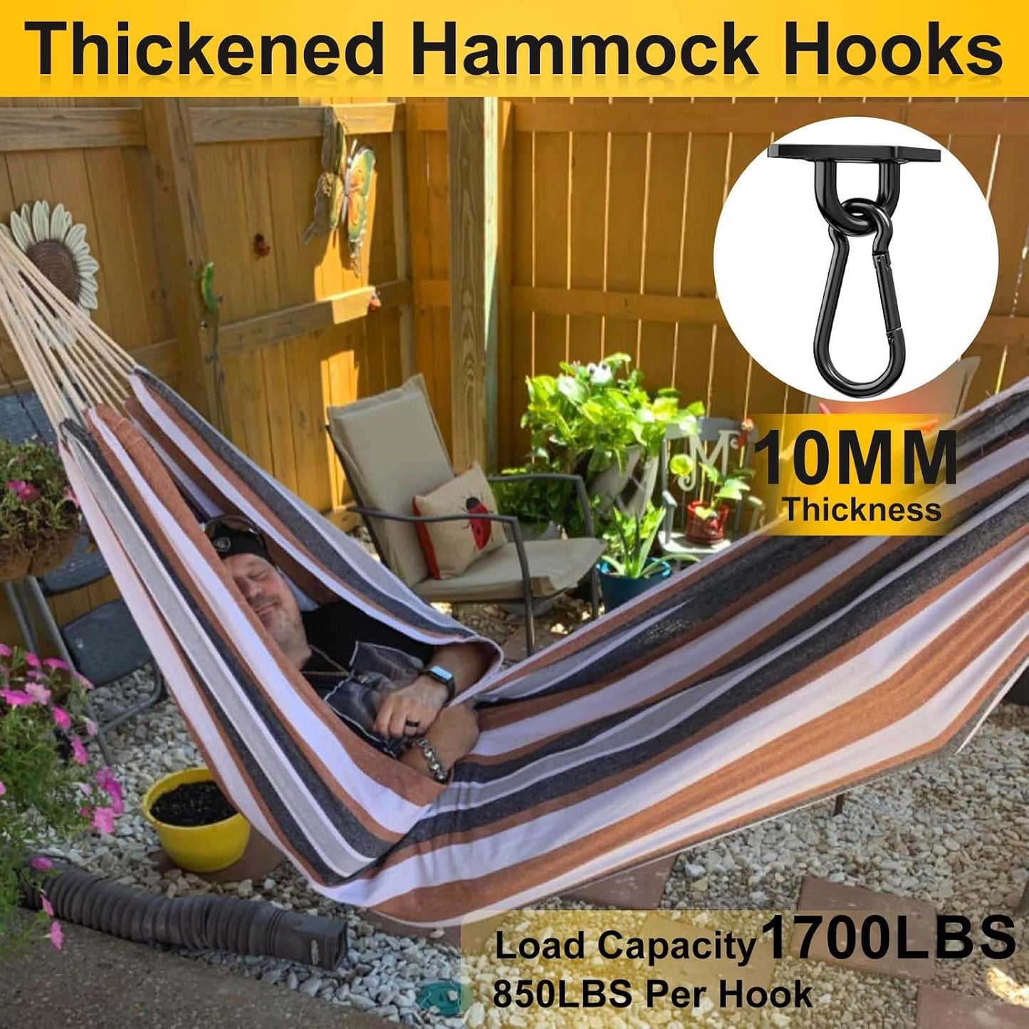 Ganchos hamaca negros M10 con roscas y hardware resistente