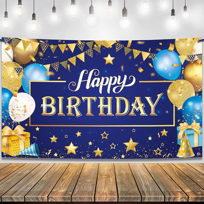 Cartel feliz cumpleaños dorado azul 72x44pulg decoración fiesta