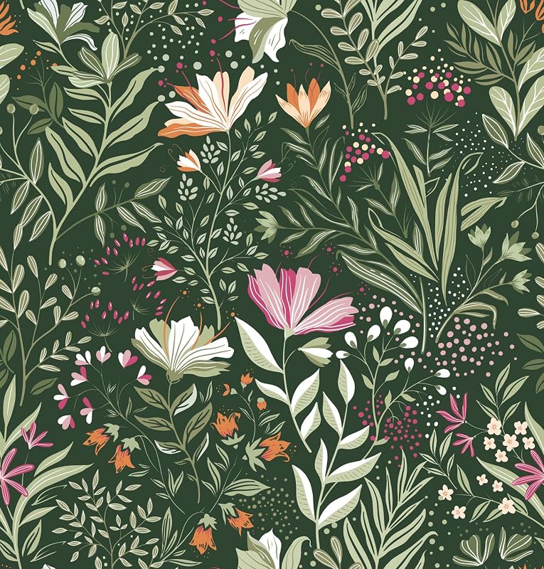 Papel tapiz floral autoadhesivo extraíble verde oscuro vintage
