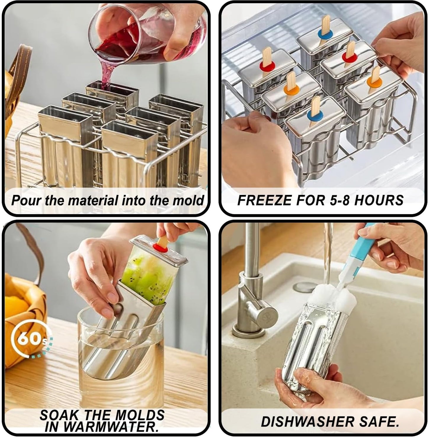 Set 6 Moldes Acero Inox para Paletas con 50 Palos y Bolsas