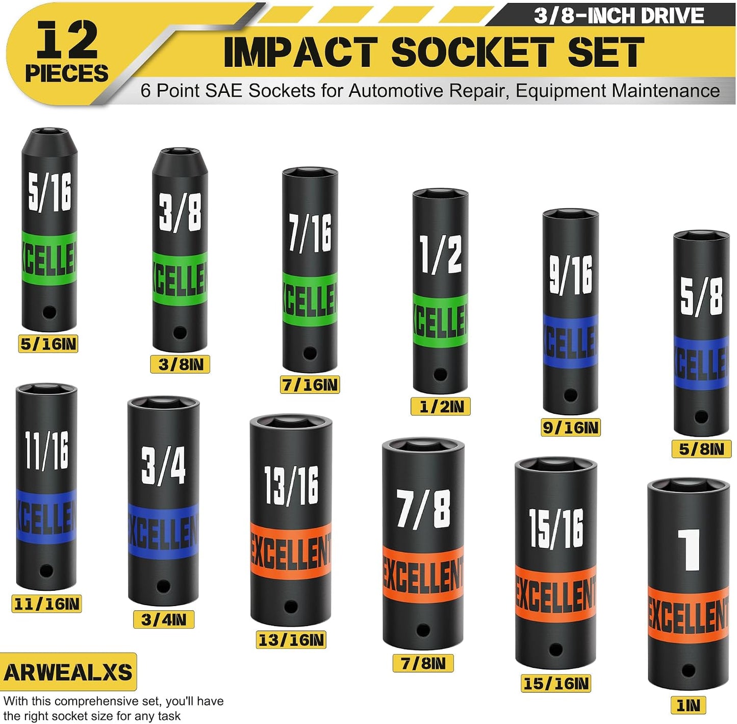 Set 12 dados impacto 3/8pulg profundos 5/16-1 SAE 6 puntos