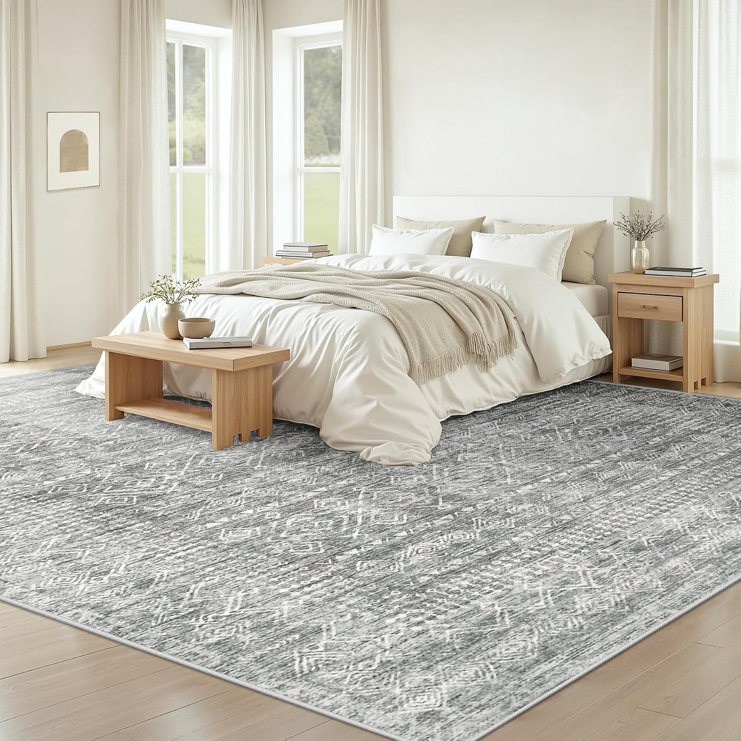 Alfombra sala 8x10pulg estilo bohemio antiderrap gris