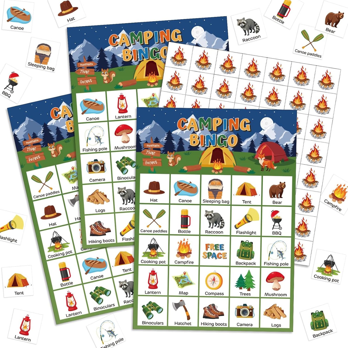 35 Pzas Tarjetas Bingo Camping para 24 Jugadores