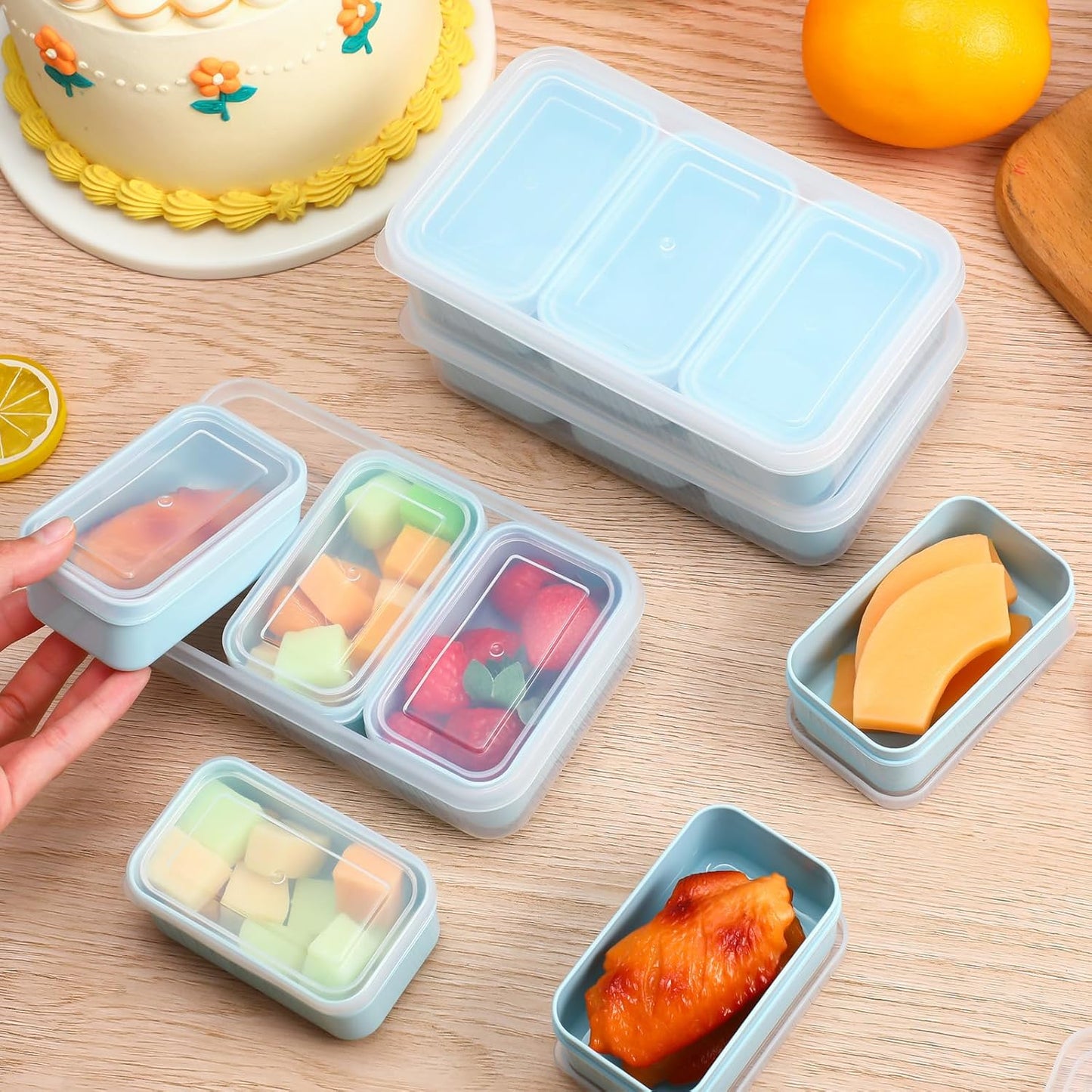 6 Cajas Aperitivos 3 Compartimentos Reutiliz. Apilables