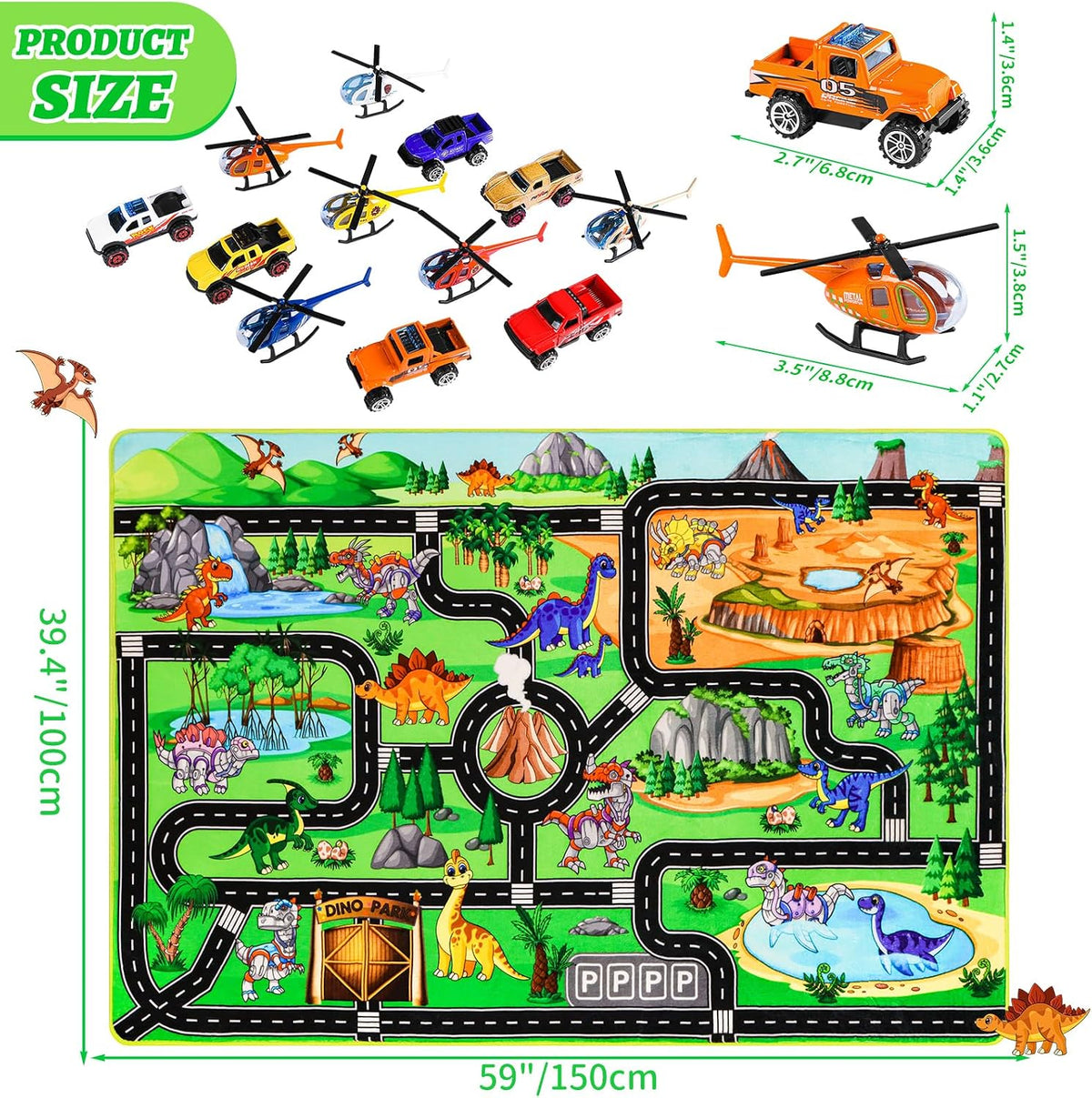 Alfombra juego dinosaurios con 12 vehículos metal 59x39.4