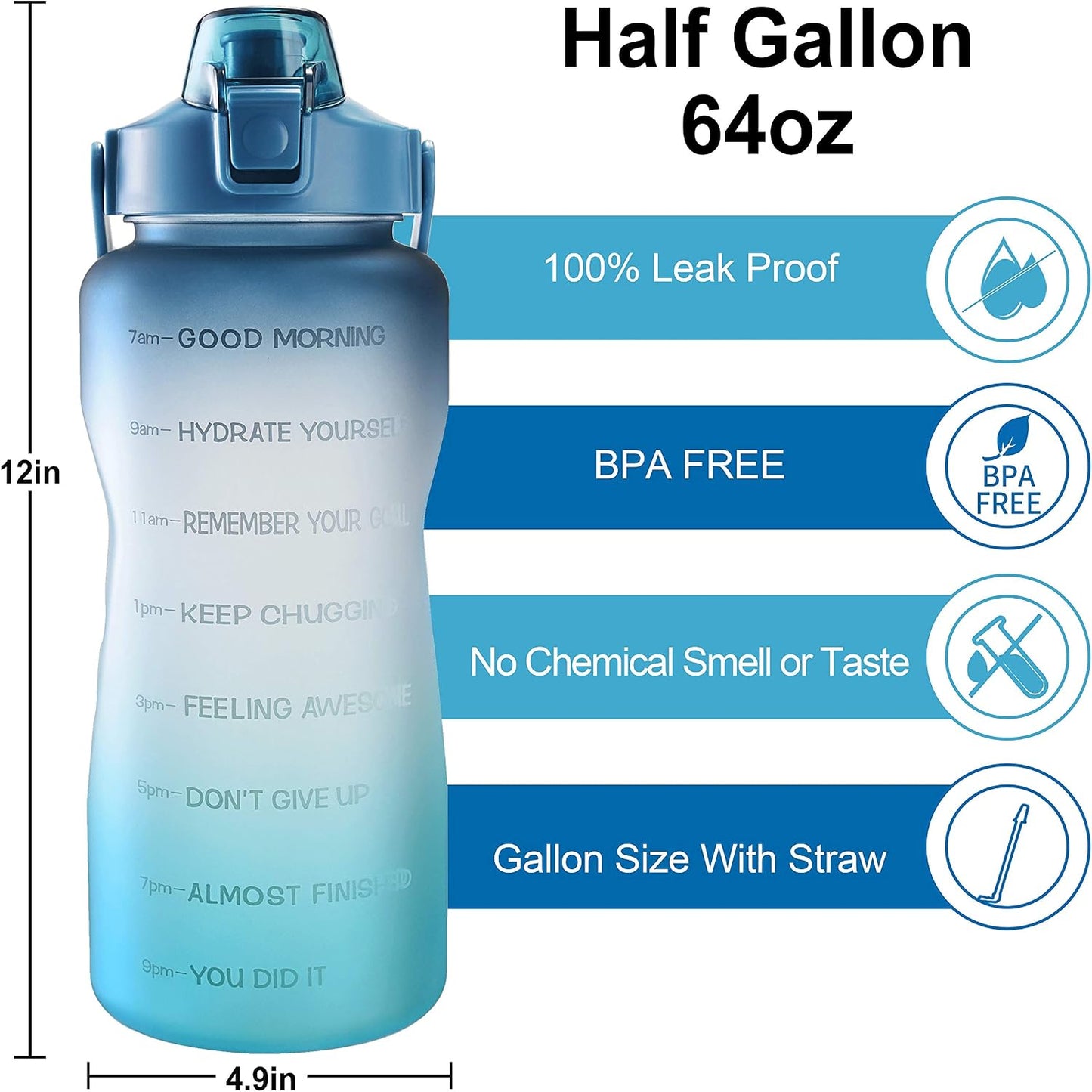 Botella agua sin BPA 64oz marcador motivacional fitness