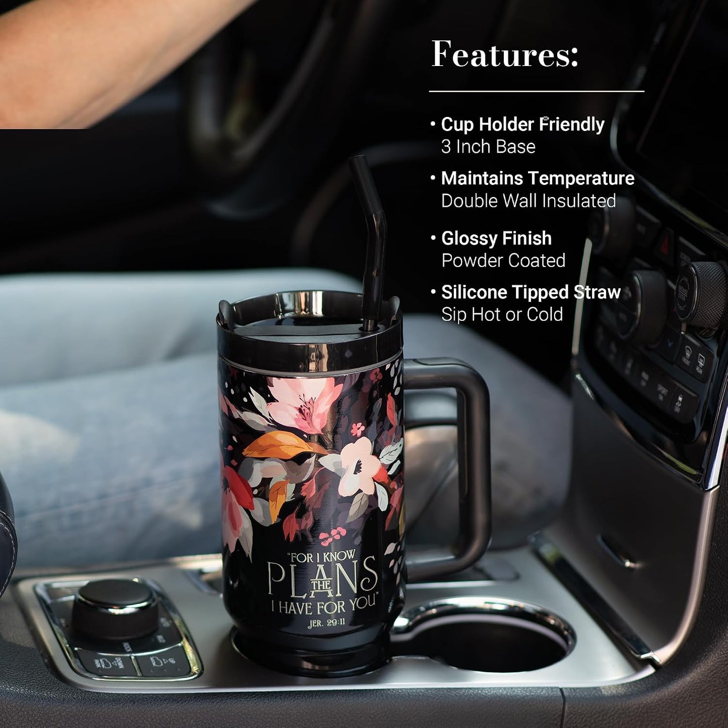 Vaso acero inox 40oz con tapa pajita mango negro flor