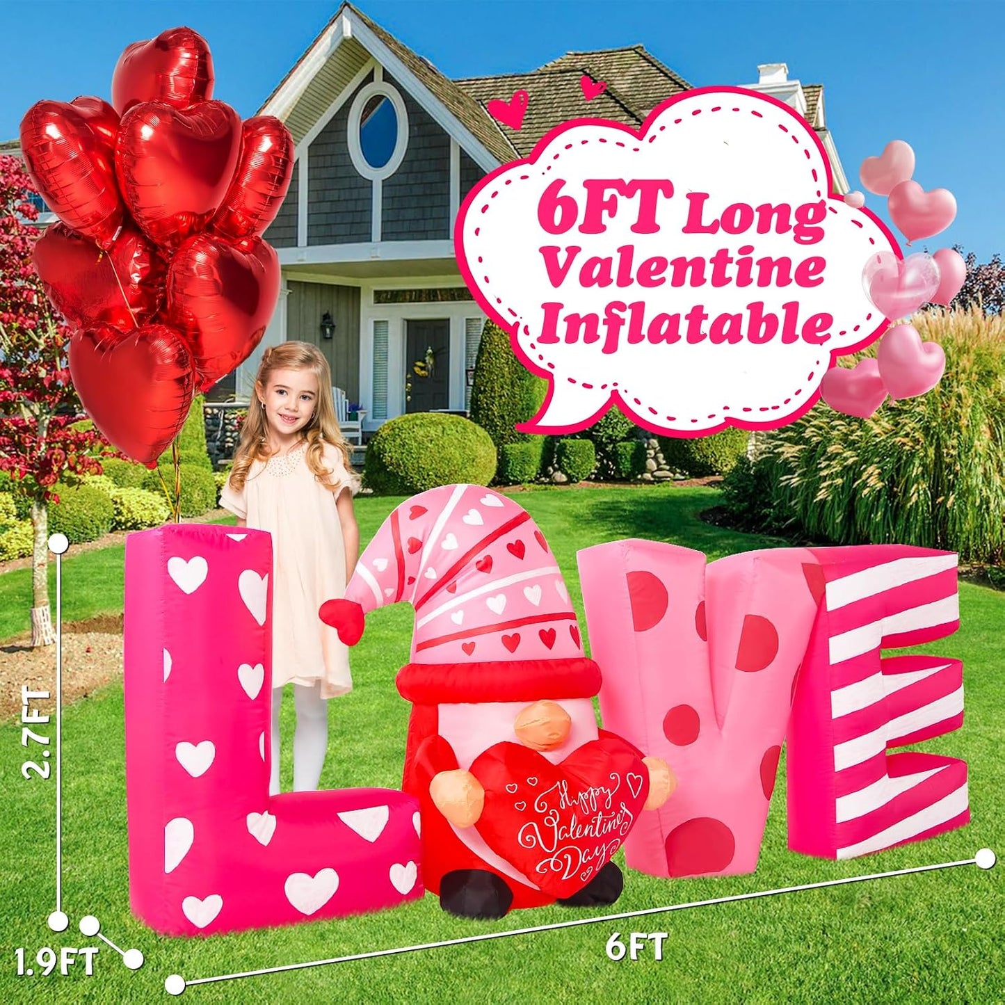 Inflables San Valentín decoración patio corazón gnomo