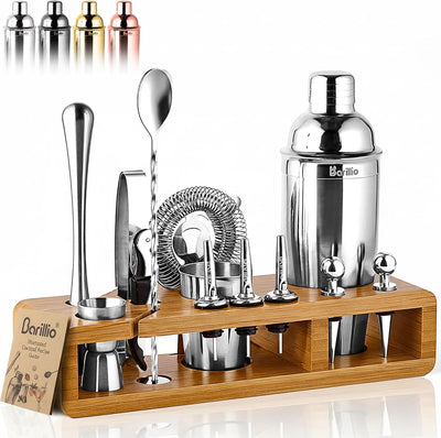 Juego coctelera acero inox soporte bambú herramientas barra