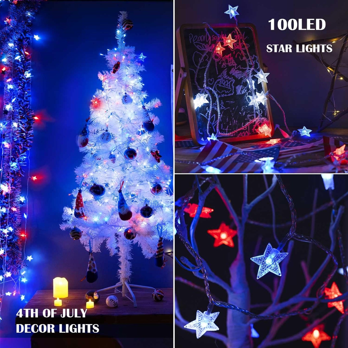 Luces LED 51pies 100 luces estrella 4 de julio con pilas