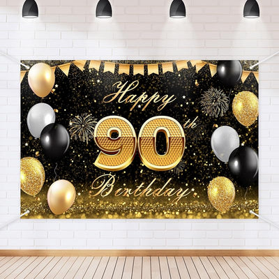 Cartel cumpleaños 90 purpurina dorada y negra decoración