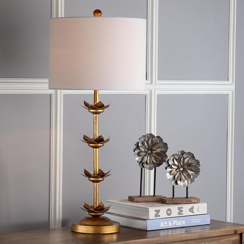 2 Pzas Lámpara Mesa Lani Hoja Dorada 32" Blanca LED