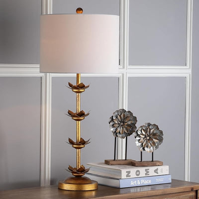 2 Pzas Lámpara Mesa Lani Hoja Dorada 32" Blanca LED
