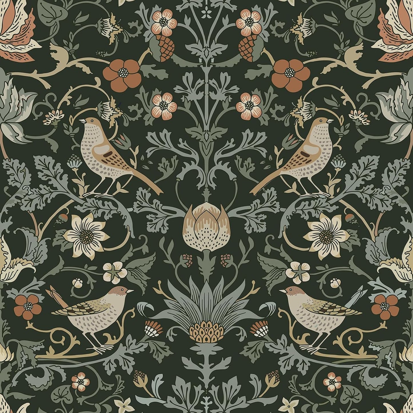 Papel tapiz vintage William Morris 17.5x591pulg verde y negro