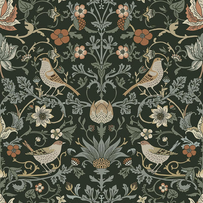 Papel tapiz vintage William Morris 17.5x591pulg verde y negro