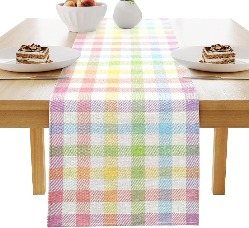 Mantel lino cuadros rosa azul amarillo decoración mesa comedor
