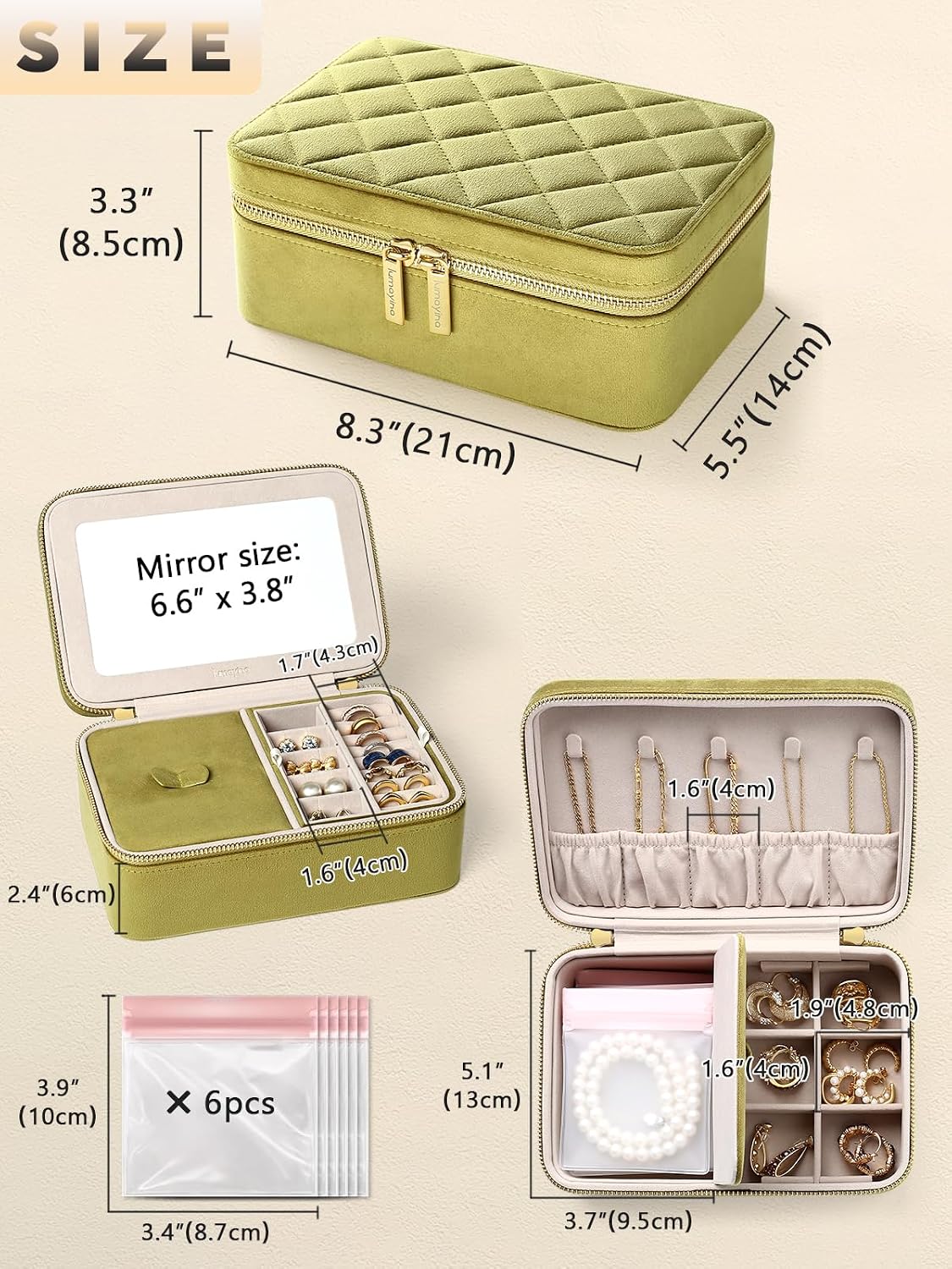 Caja terciopelo joyas viaje con espejo y 6 bolsas antióxido