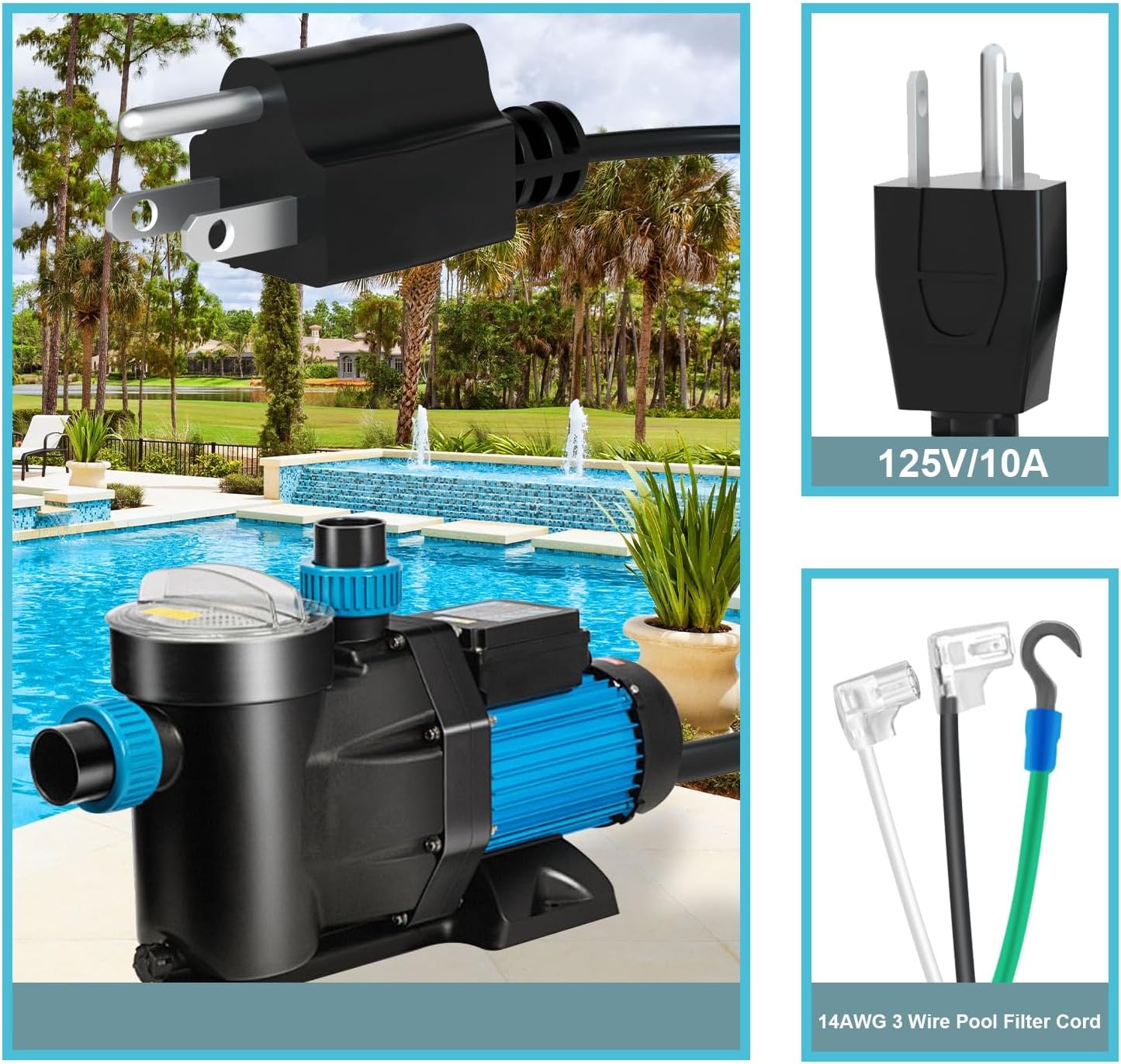 Cable alimentación bomba piscina Hayward comp SP1500 6ft