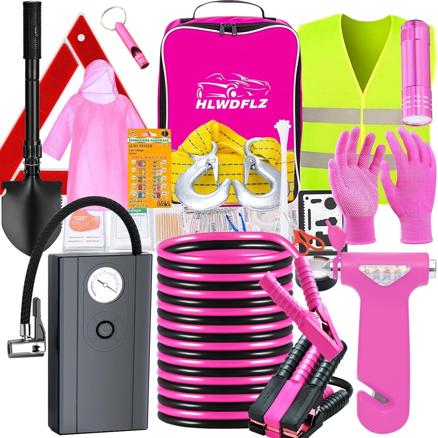 Kit emergencia carretera auto camión cables puente rosa