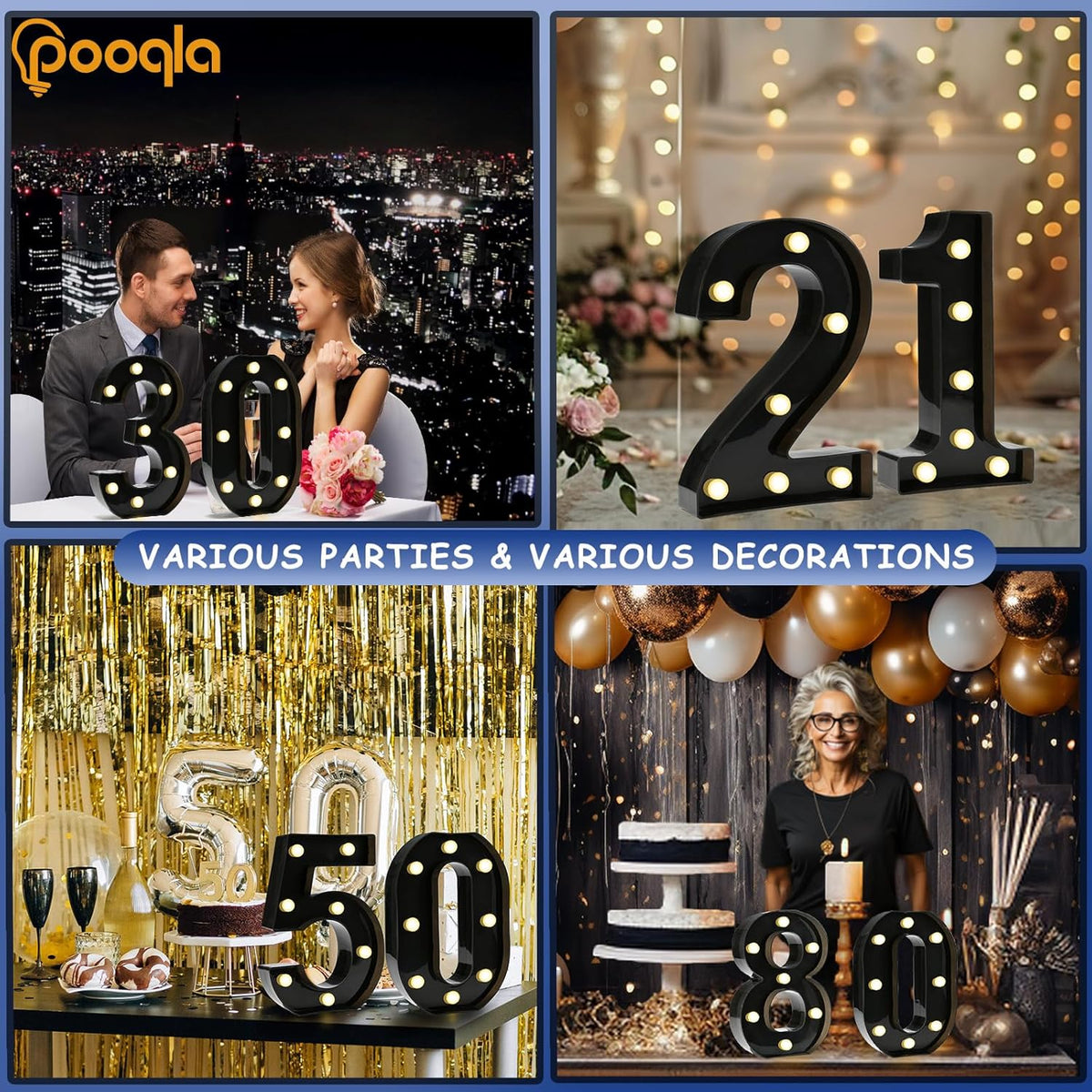 Letras LED plástico negro para fiesta cumpleaños 30 años