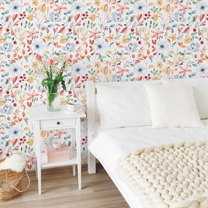 Papel tapiz floral bohemio 17.7x354" para dormitorio y baño