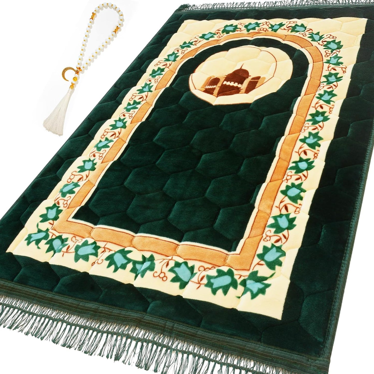 Alfombra oración islámica gruesa suave lujosa verde