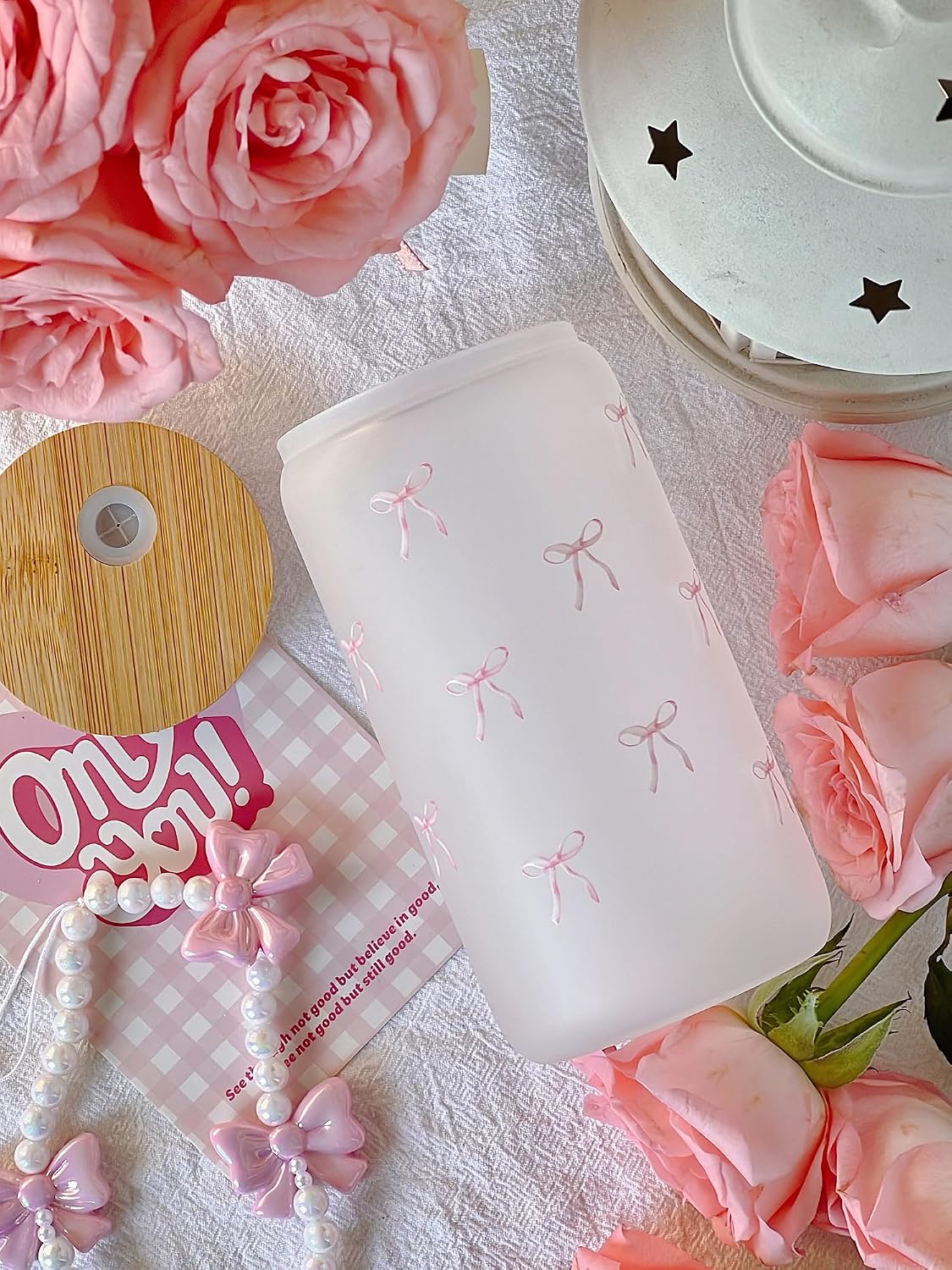 Vaso vidrio lazo rosa con tapa pajita 16oz taza Matcha