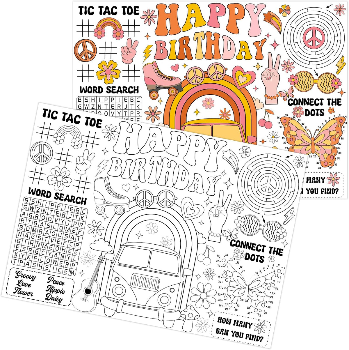 12 Manteles Papel Colorear Cumpleaños Groovy Hippie