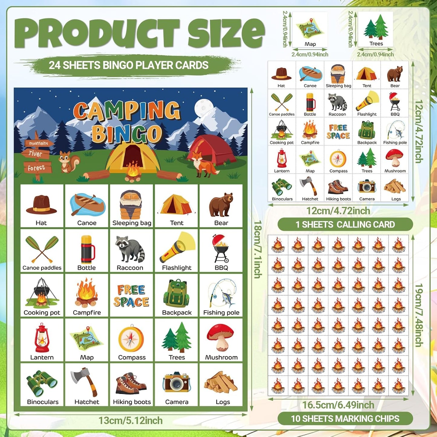 35 Pzas Tarjetas Bingo Camping para 24 Jugadores