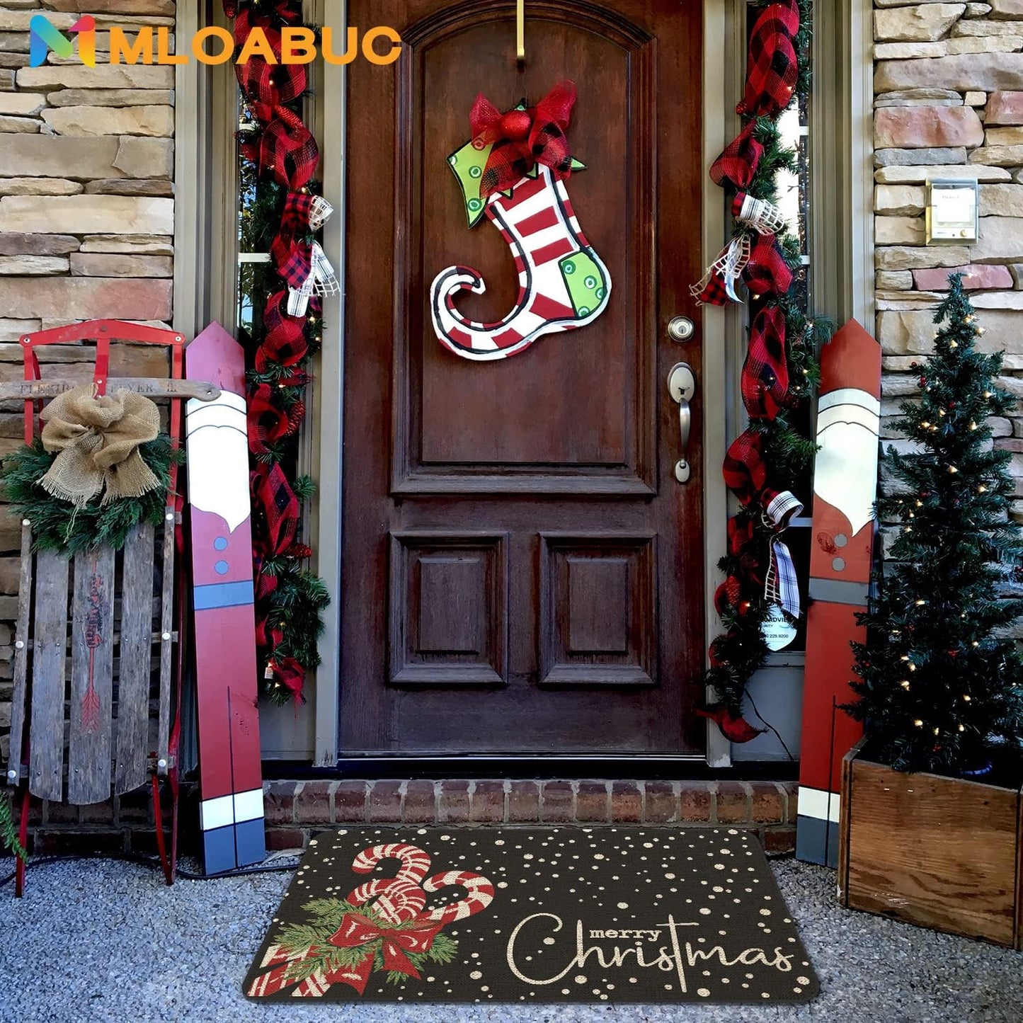 Tapete puerta Navidad bastón caramelo negro 17x30pulg