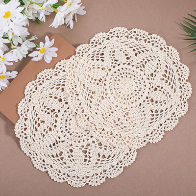 Manteles de encaje de ganchillo beige para mesa rústica y eventos