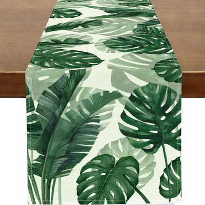 Camino de mesa primaveral extra largo 13 x 108 pulgadas con hojas verdes de plátano Monstera